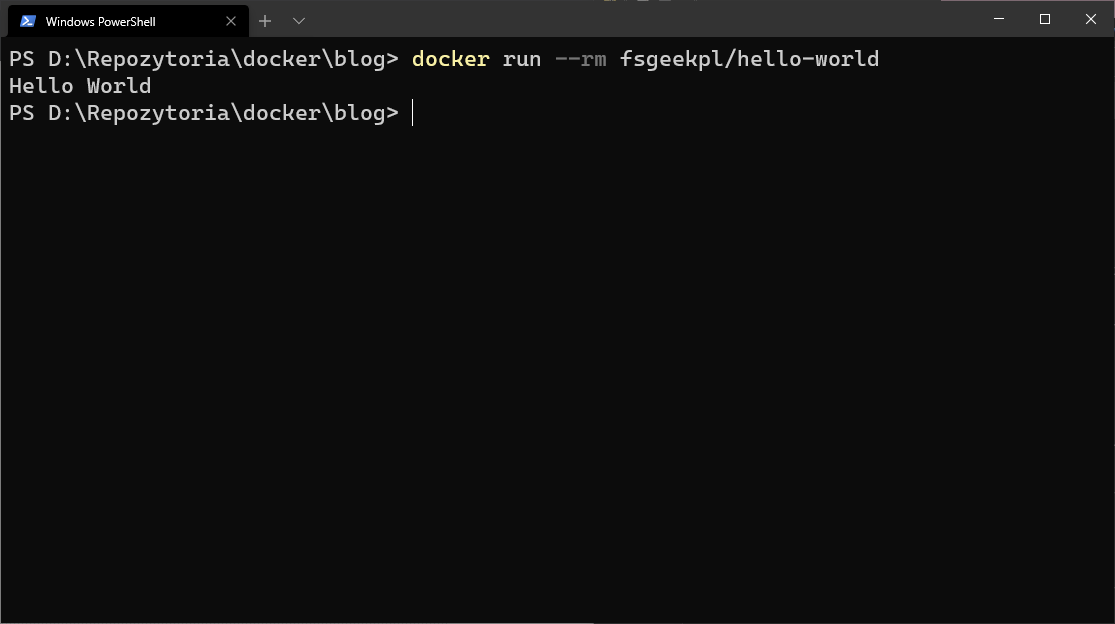 Rezultat działania komendy docker run —rm fsgeekpl/hello-world