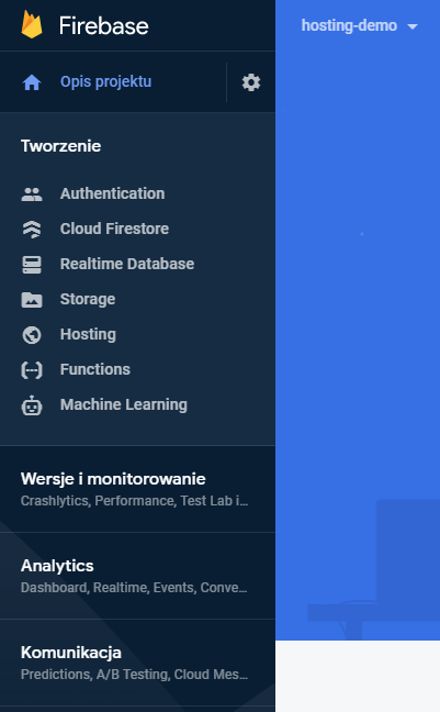 panel projektu w firebase